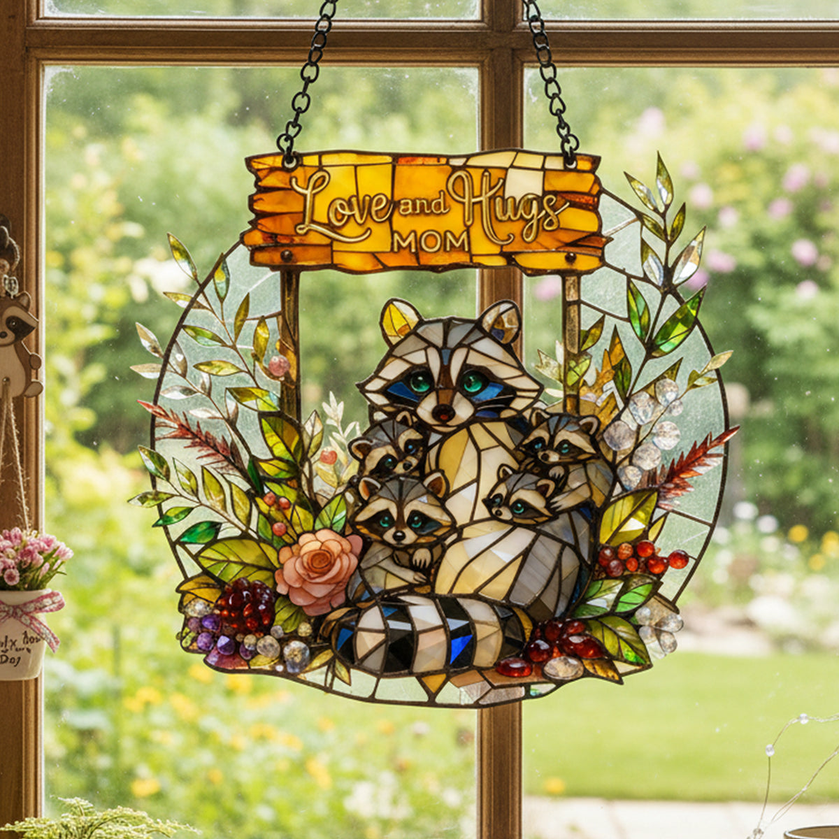 Love and Hugs, Mom - Personalized Raccoon Mom and Kids Suncatcher Ornament - Unique Gift for Moms, Grandmas, and More Ornament PopCulturePrints