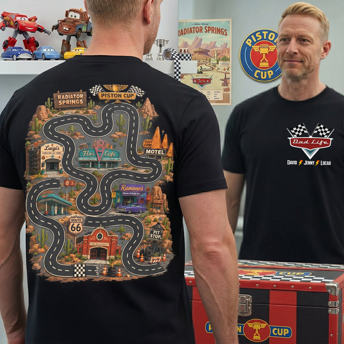 "Life in the Fast Lane: Personalized Retro Race Road Map Shirt - Gift for Dads, Grandpas, and Fathers" AOP Products PopCulturePrints