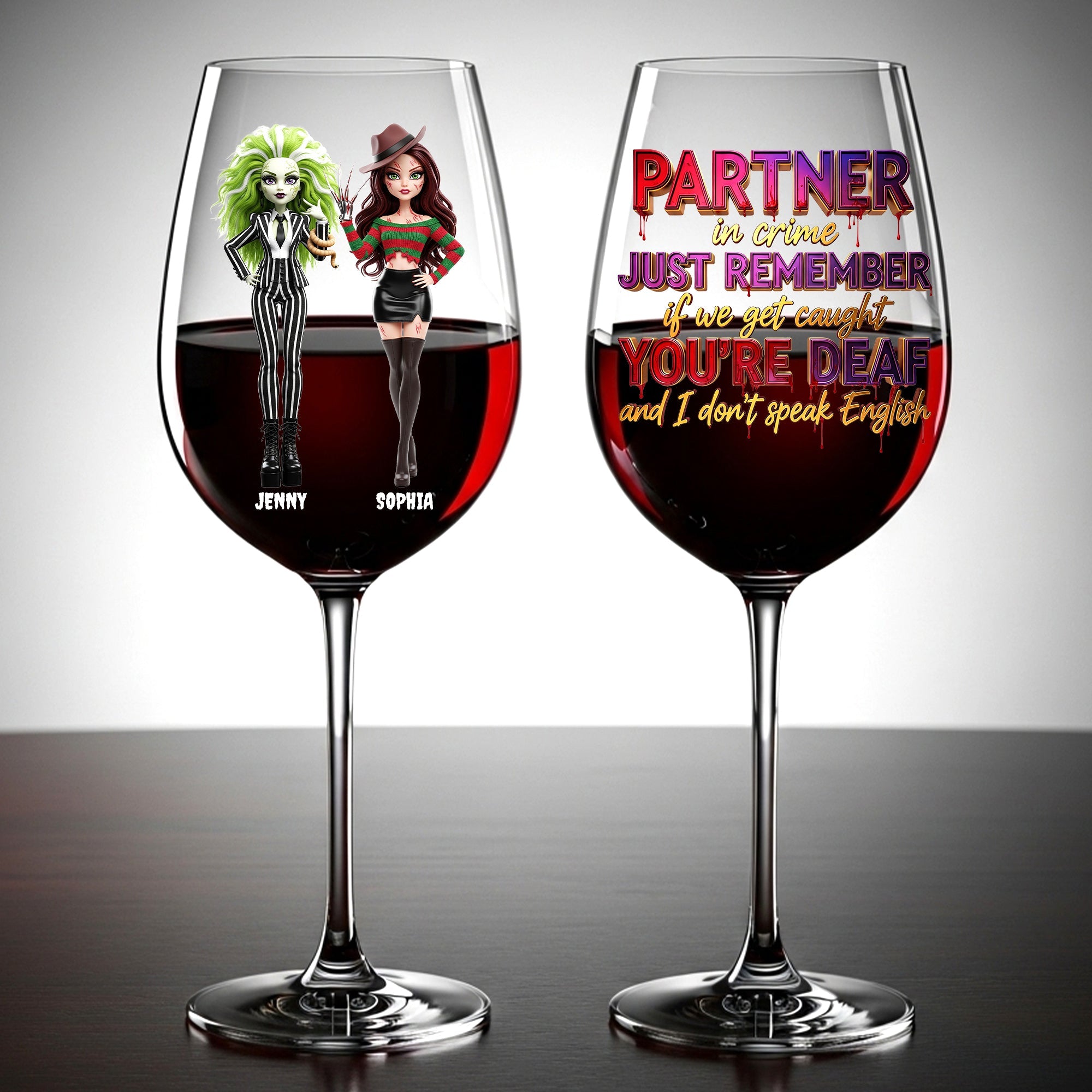 “Partners in Crime for Halloween!” - Spooky Dolls Personalized Wine Glass - Custom Gift for Besties and Drinking Lovers Wine Glass PopCulturePrints