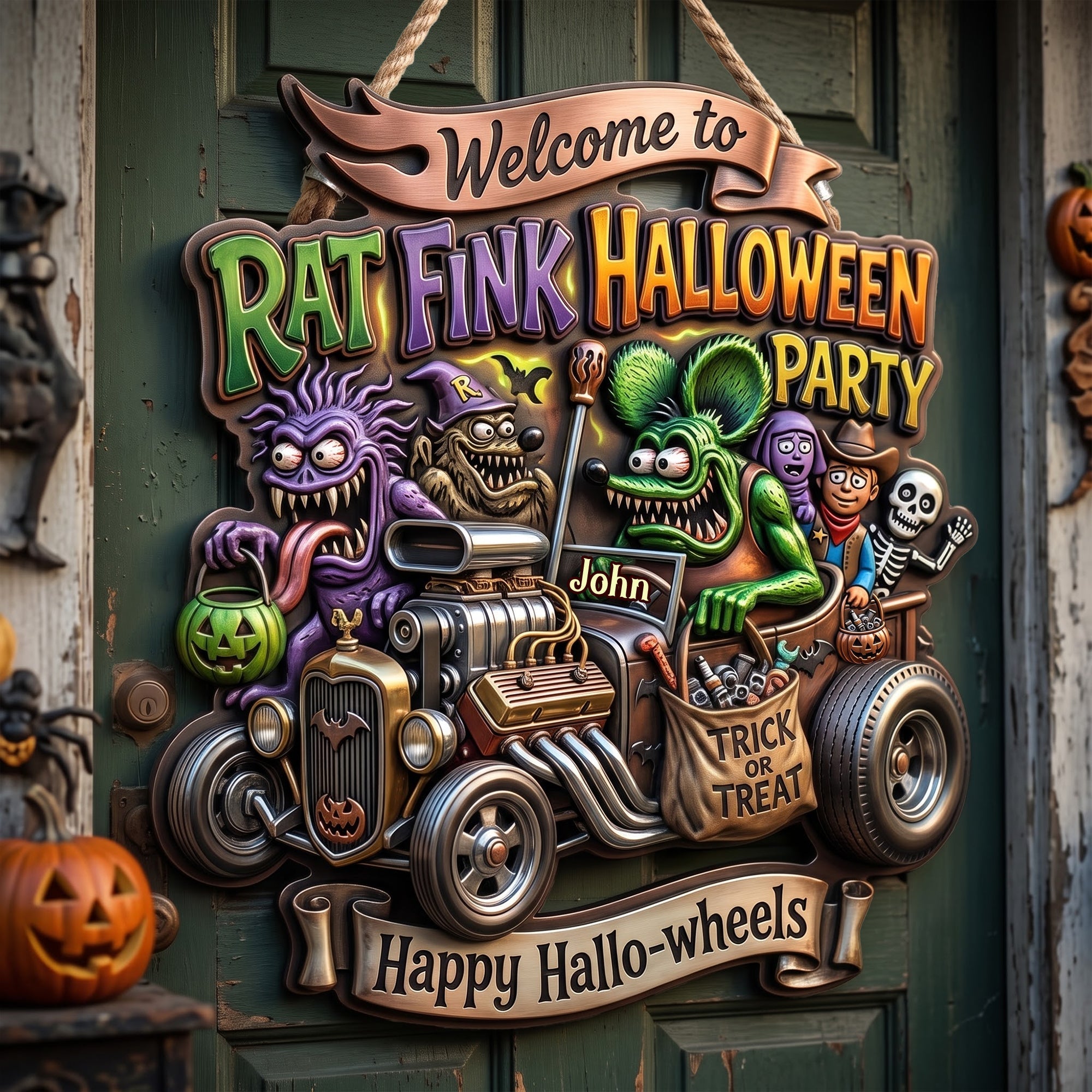 "Welcome to the Spookiest Ride!" - Personalized Hot Rod Garage Halloween Party Sign - Perfect Gift for Hot Rod Lovers Acrylic Sign PopCulturePrints