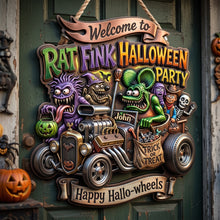 Load image into Gallery viewer, "Welcome to the Spookiest Ride!" - Personalized Hot Rod Garage Halloween Party Sign - Perfect Gift for Hot Rod Lovers Acrylic Sign PopCulturePrints
