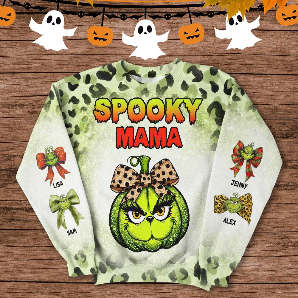 Personalized Halloween Leopard Pumpkin Sweatshirt for Mama - Spooky Green Design