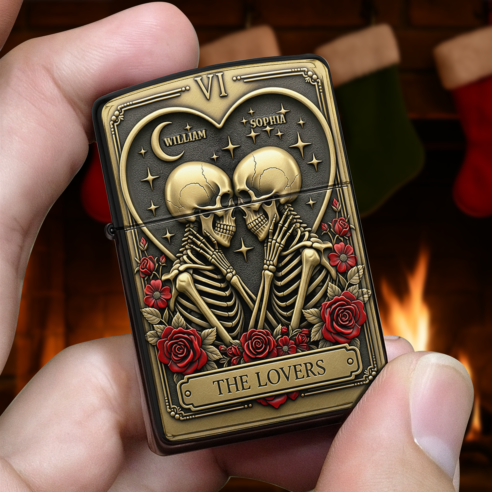 Love Beyond the Grave - Personalized Skull Couple Tarot Lighter Lighter PopCulturePrints