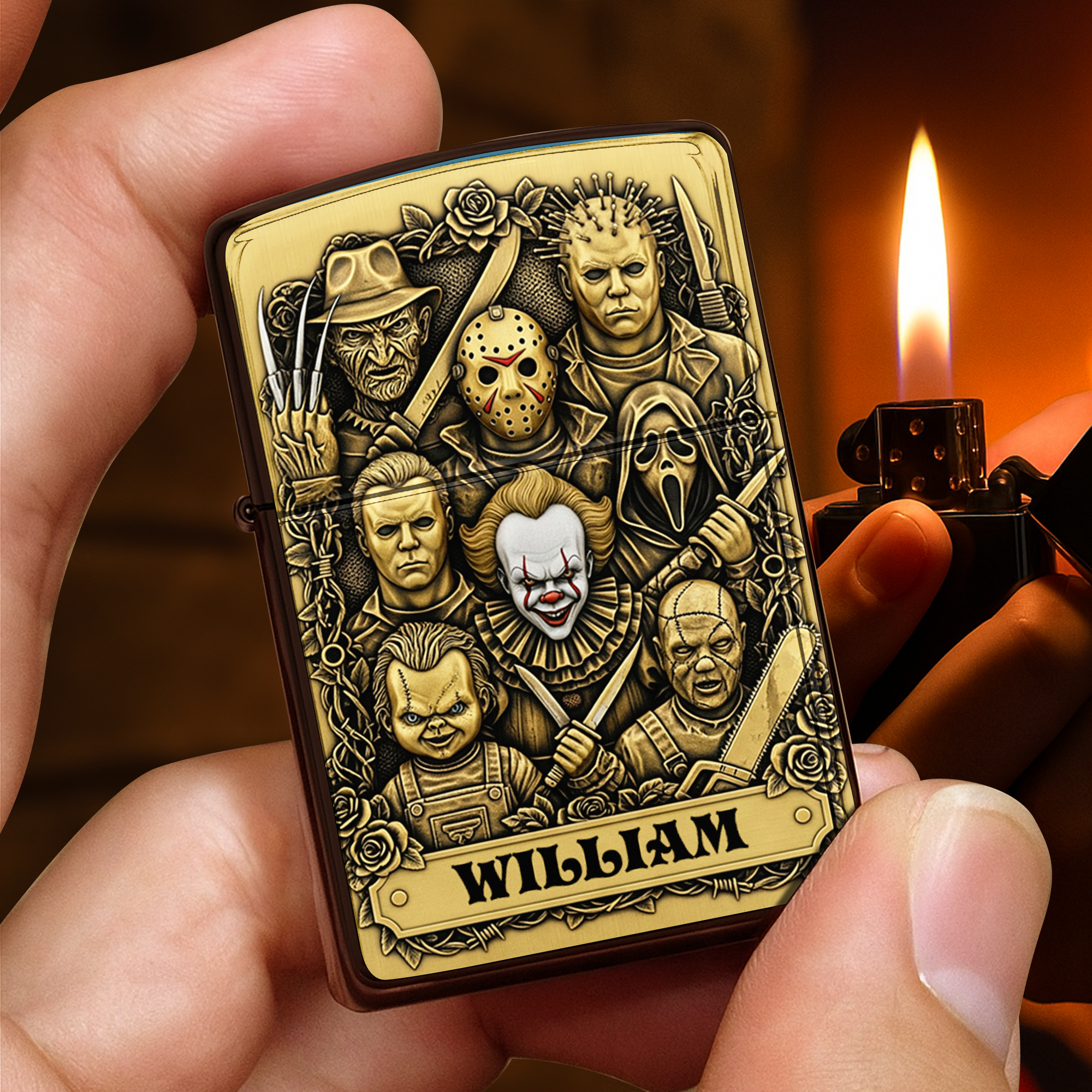 “Ignite the Fear!” – Terrifying Faces Movie Lighter – Personalized Gift for Horror Fans Lighter PopCulturePrints