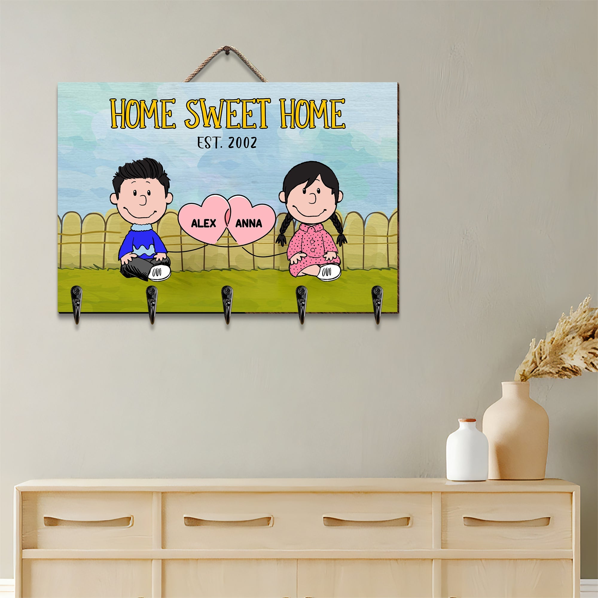 Personalized Home Sweet Home Couple Key Hanger | Cartoon Character Design