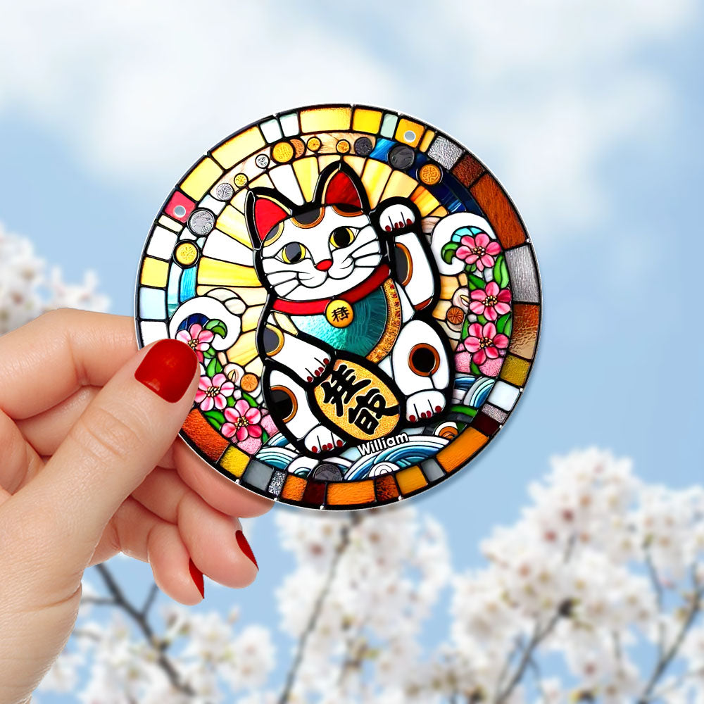 Lucky Cat Personalized Christmas Suncatcher Ornament