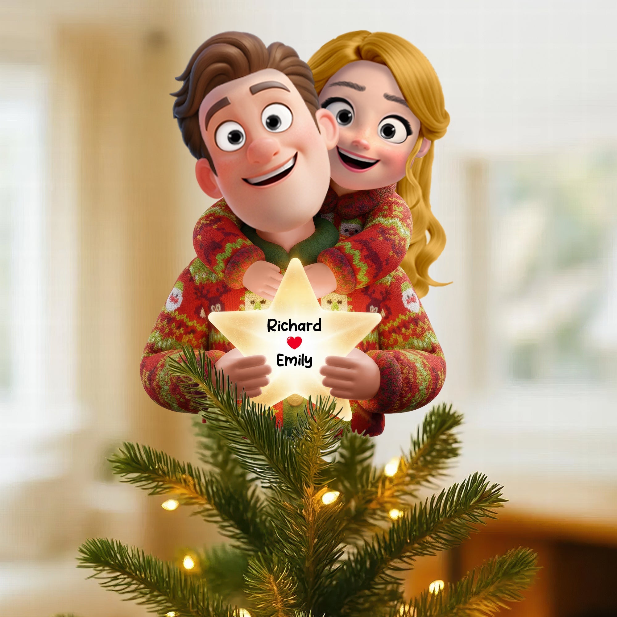 Sweet Hugging Couple Christmas Tree Topper - Personalized Gift for Couples, A Touch of Love Ornament PopCulturePrints