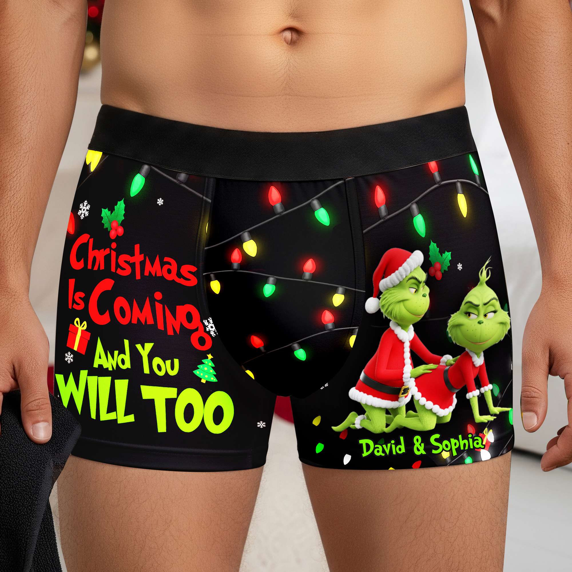 “Christmas Is Coming and You Will Too” - Personalized Grinch Couples Boxers - Gift for Him & Her Boxer Briefs PopCulturePrints