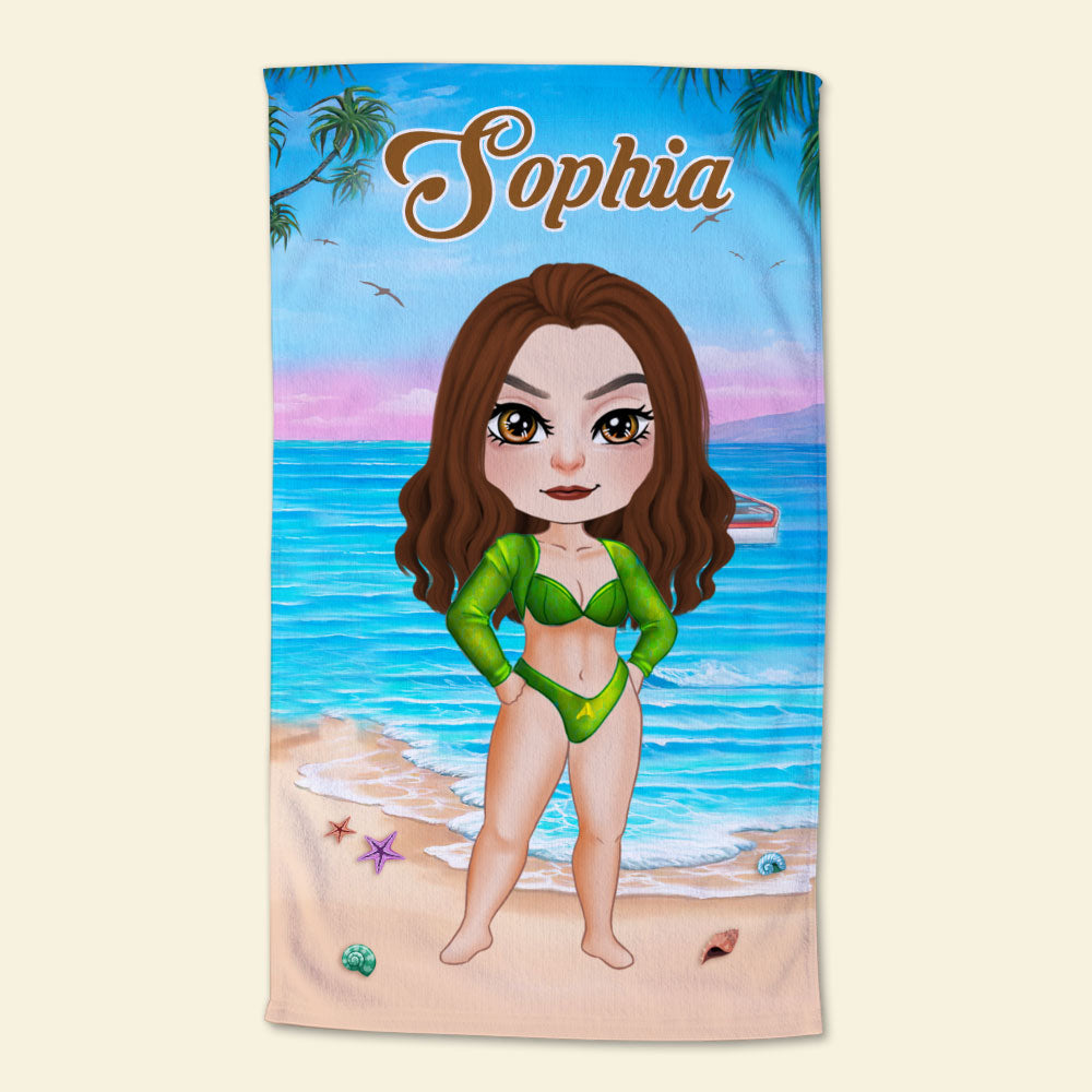 Personalized Summer Beach Girl Towel - Custom Cartoon Illustration Beach Towel PopCulturePrints