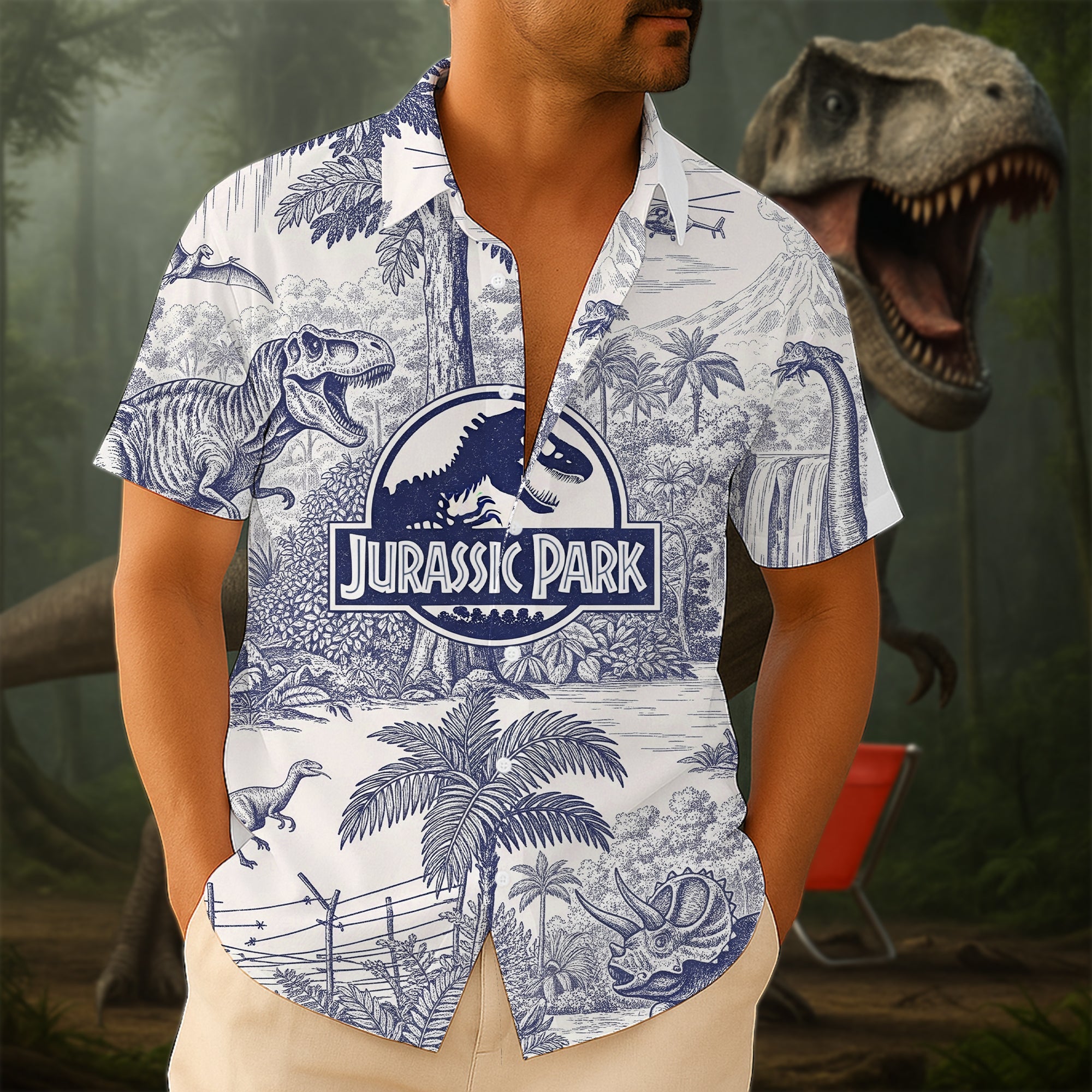 “Unleash Your Inner Dinosaur!” - Custom Toile de Jouy Style Hawaiian Shirt - Unique Gift for Dinosaur Lovers Hawaiian Shirts PopCulturePrints