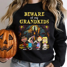 Load image into Gallery viewer, Personalized &#39;Beware of My Grandkids&#39; 2D Horror Character Shirt for Grandma
