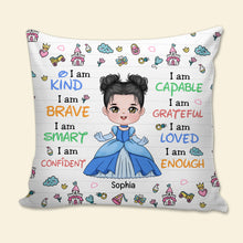 Load image into Gallery viewer, Personalized Princess Affirmation Pillow for Kids - I Am Kind &amp; Brave Pillow PopCulturePrints

