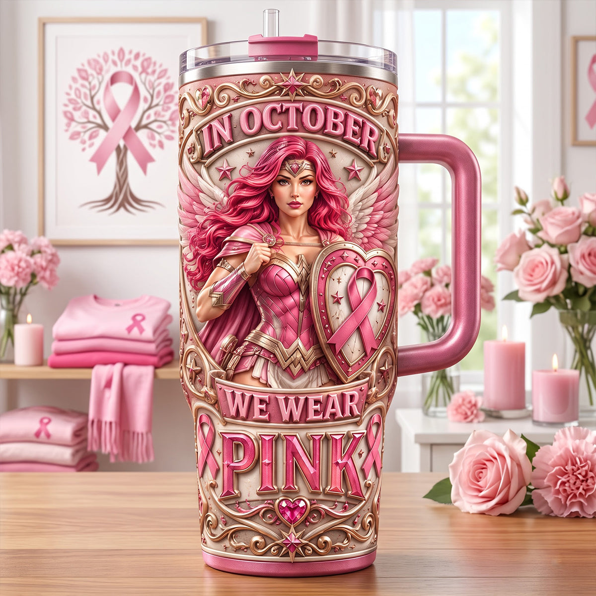 In October We Wear Pink – Personalized 40oz Tumbler With Handle for Cancer Awareness