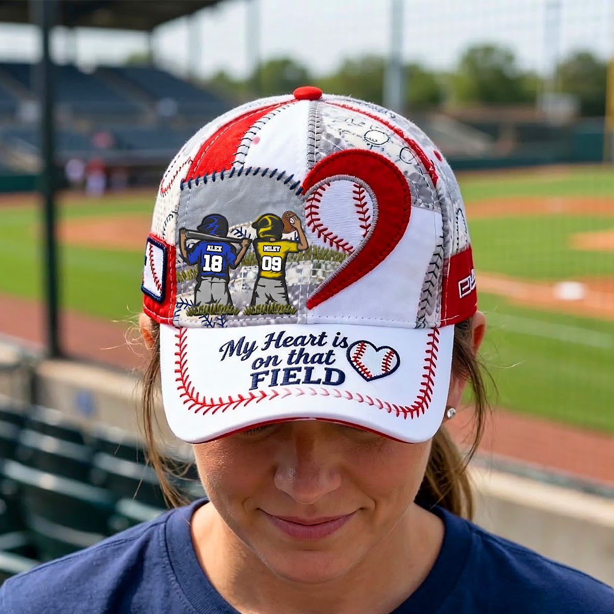 My Heart is on that FIELD - Personalized Enthusiastic Baseball Classic Cap - Custom Gift for Mom, Grandma, and Loved Ones Caps PopCulturePrints