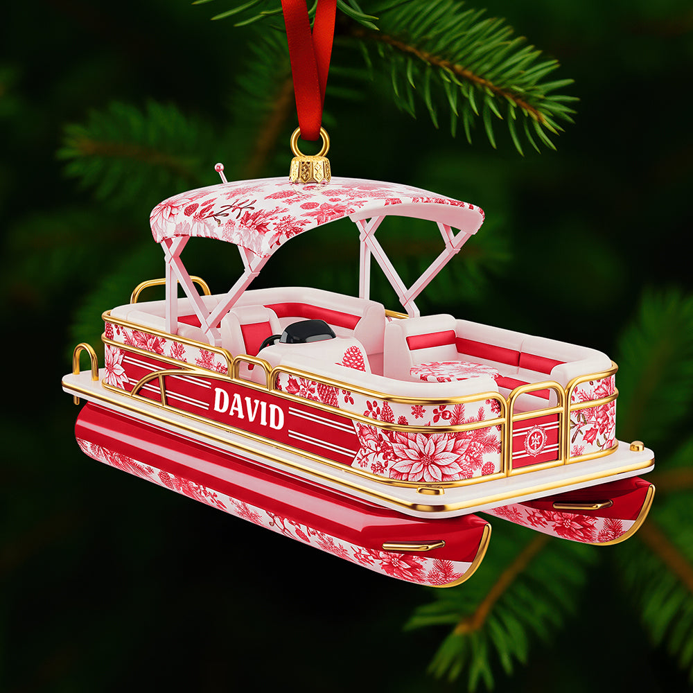 Sail into the Holidays - Personalized Toile de Jouy Christmas Ornament for Pontoon Lovers Ornament PopCulturePrints