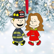 Load image into Gallery viewer, “Together We Fight Flames” - Personalized Firefighter Couple Acrylic Ornament - Unique Gift for Firefighter Lovers, Couples, and Special Occasions Ornament PopCulturePrints
