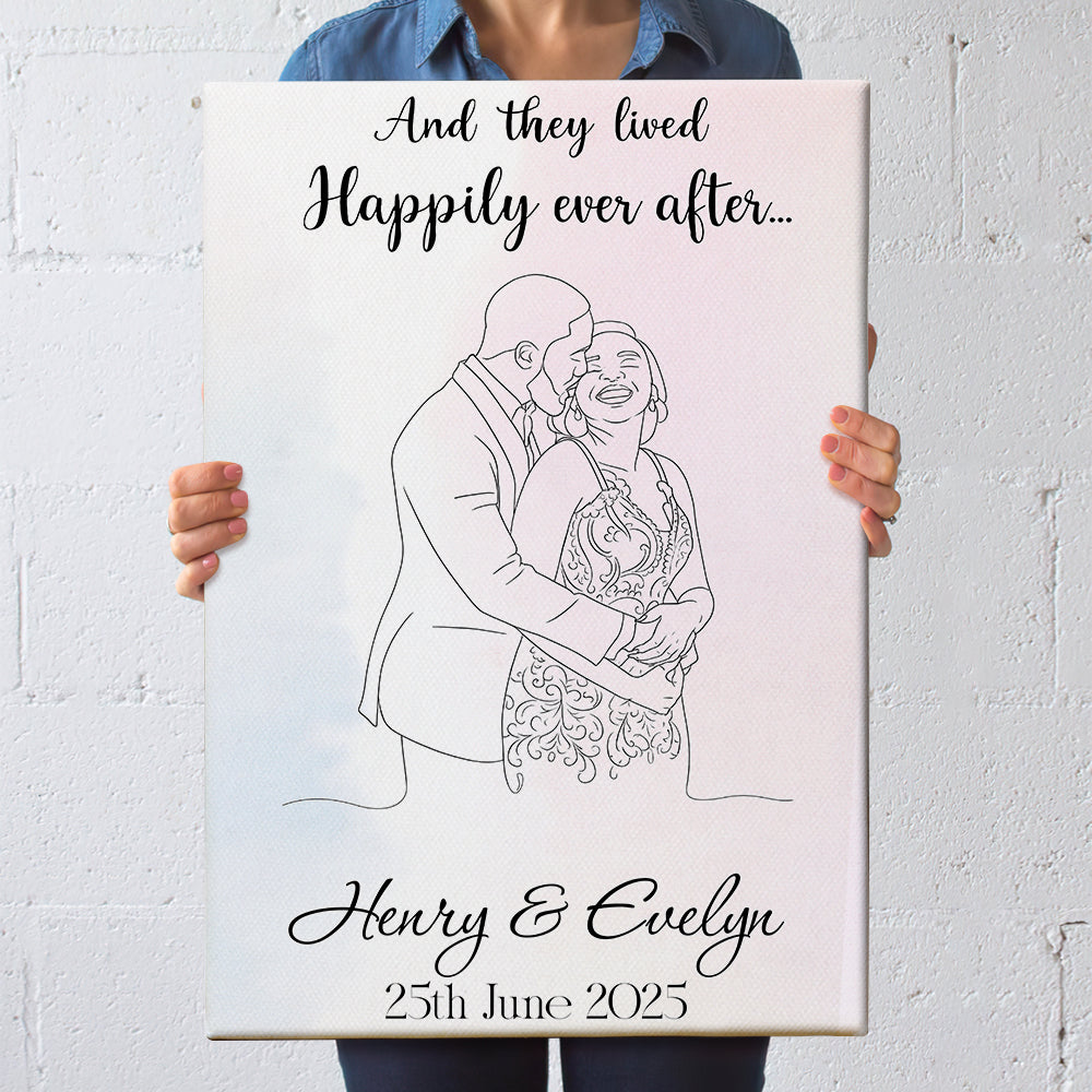 And they lived Happily ever after... - Line Art Couple Canvas - Custom Photo Gift for Couples Poster & Canvas PopCulturePrints