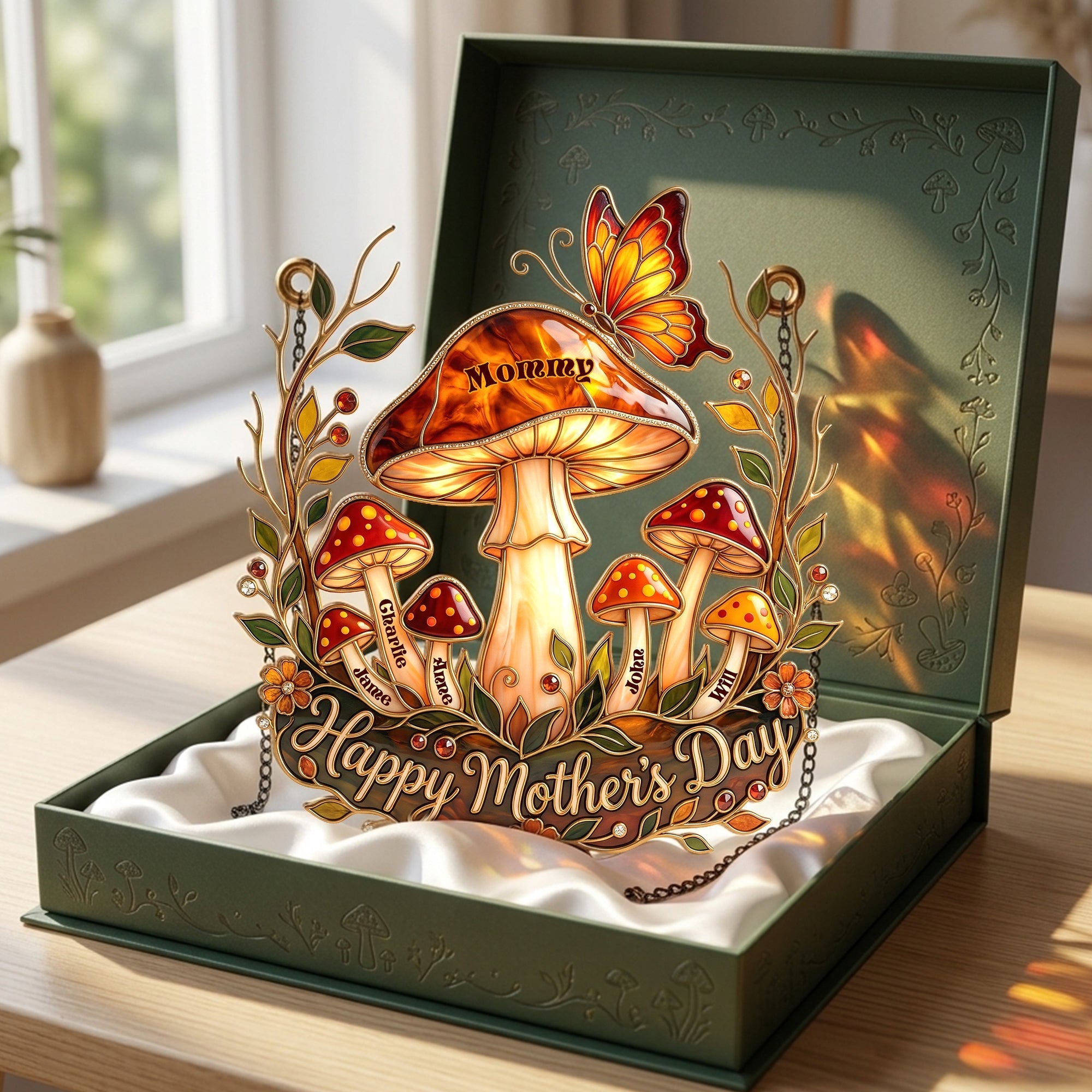 "A Touch of Whimsy for Mom - Whimsical Mushroom Mom Suncatcher - Personalized Gift for Moms" Ornament PopCulturePrints