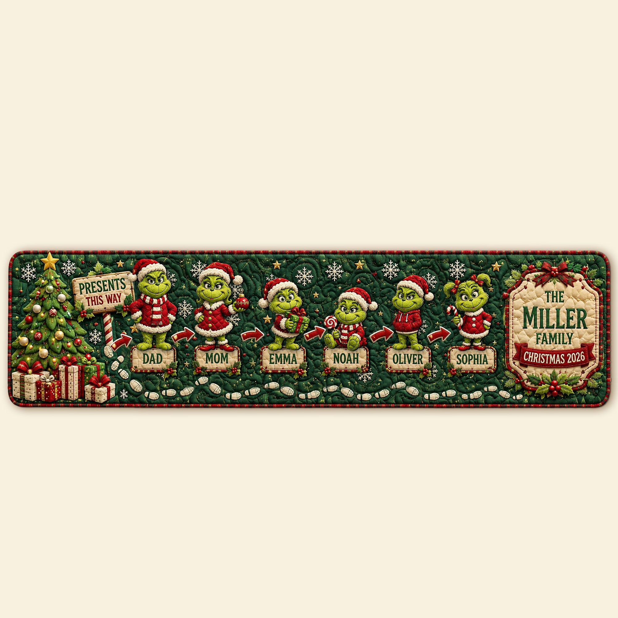 “Presents This Way” - Personalized Mischievous Family Quilted Table Runner - Unique Gifts for Christmas Celebrations