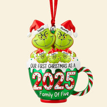 Load image into Gallery viewer, Our First Christmas as a Family of Four - Playful Grinch Ornament Ornament PopCulturePrints
