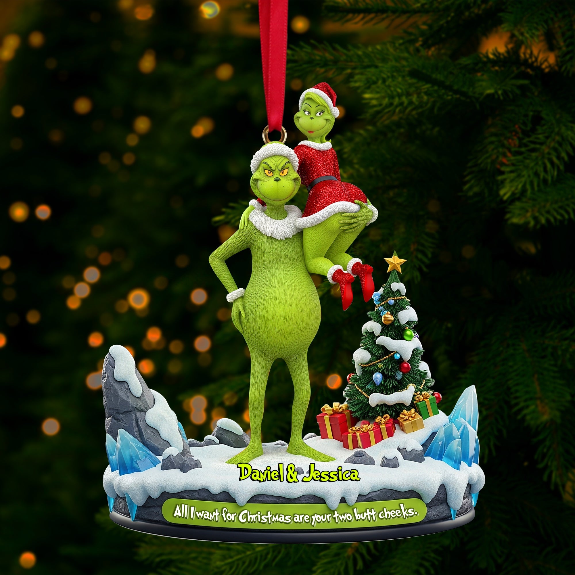 All I Want for Christmas: Hugging Green Monster Couple Ornament - Personalized Gift for Couples Ornament PopCulturePrints