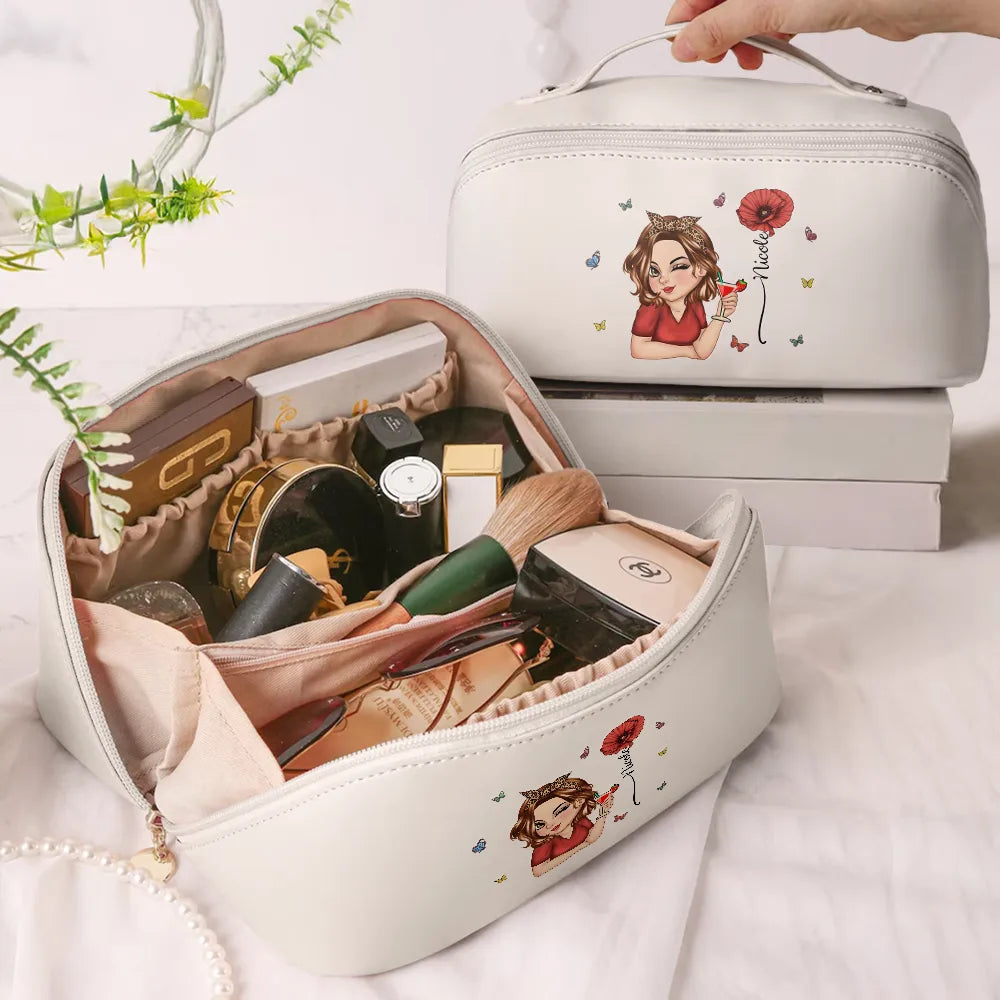 Blooming In Love: Birth Month Flower Personalized Leather Makeup Bag - A Joyful Gift for Her Leather Makeup Bag PopCulturePrints