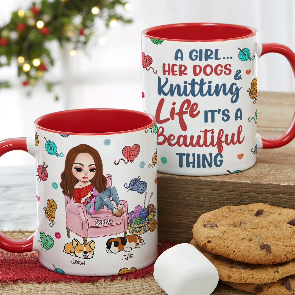 Personalized Knitting Lover Mug with Woman and Dogs Illustration