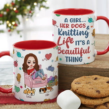 Load image into Gallery viewer, Personalized Knitting Lover Mug with Woman and Dogs Illustration
