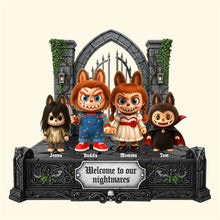 Load image into Gallery viewer, “Welcome to Our Nightmares!” - Creepy Family Halloween Acrylic Plaque - Personalized Gift for Halloween Enthusiasts Shaped Plaques PopCulturePrints
