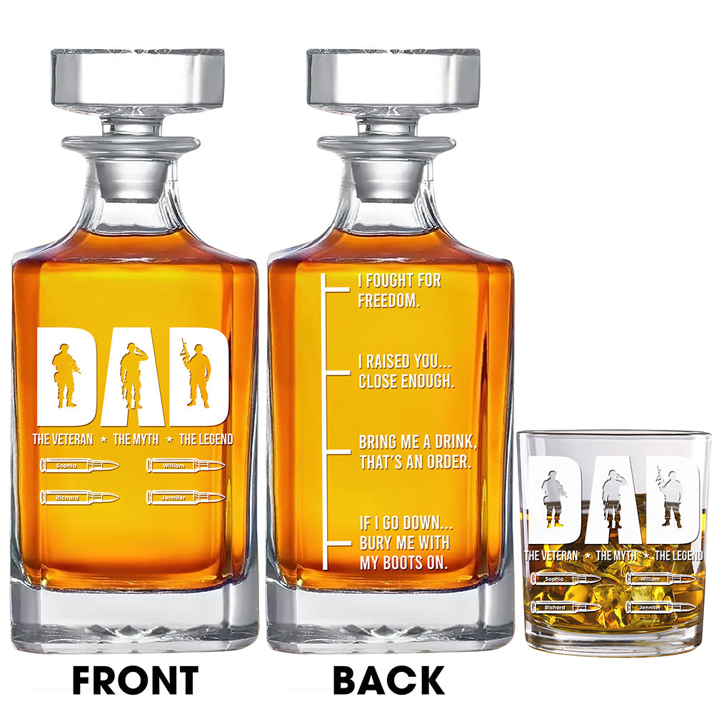 "The Veteran, The Myth, The Legend" - Personalized Whiskey Decanter Set for Dad Whiskey Bottle PopCulturePrints