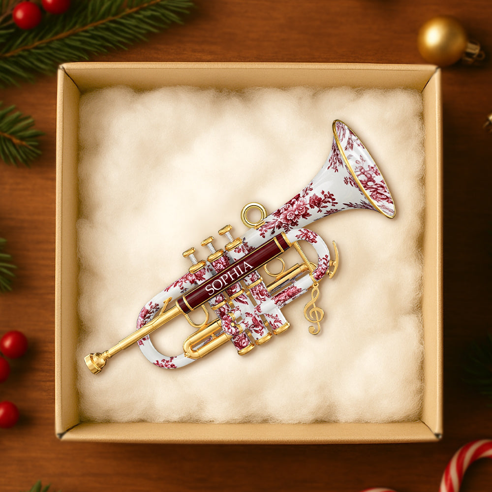 “Joyful Melodies!” Personalized Trumpet Toile de Jouy Christmas Ornament - Custom Gift for Musicians, Friends, and Family Ornament PopCulturePrints
