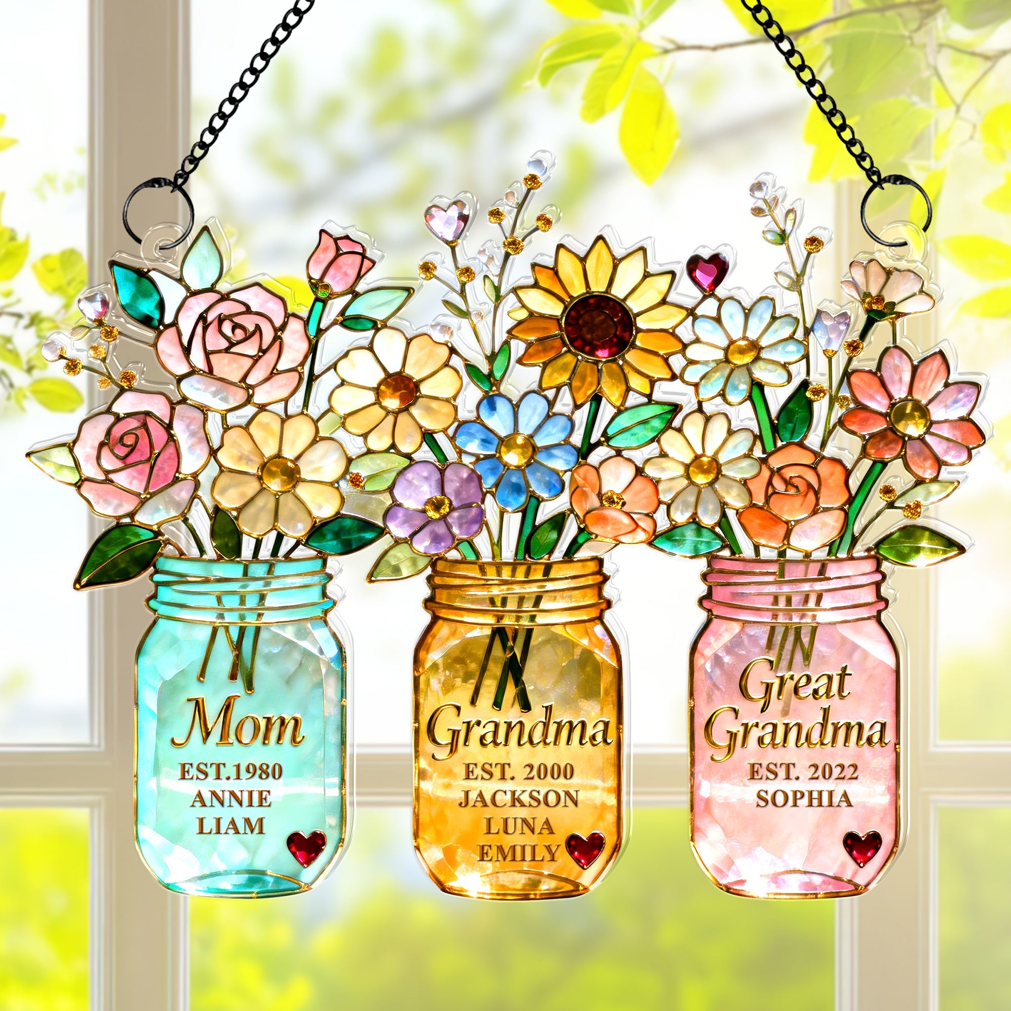 "A Blooming Love for Mom & Grandma" - Personalized Flower Suncatcher Ornament - Gift for Mom, Grandma, and Great Grandma Ornament PopCulturePrints