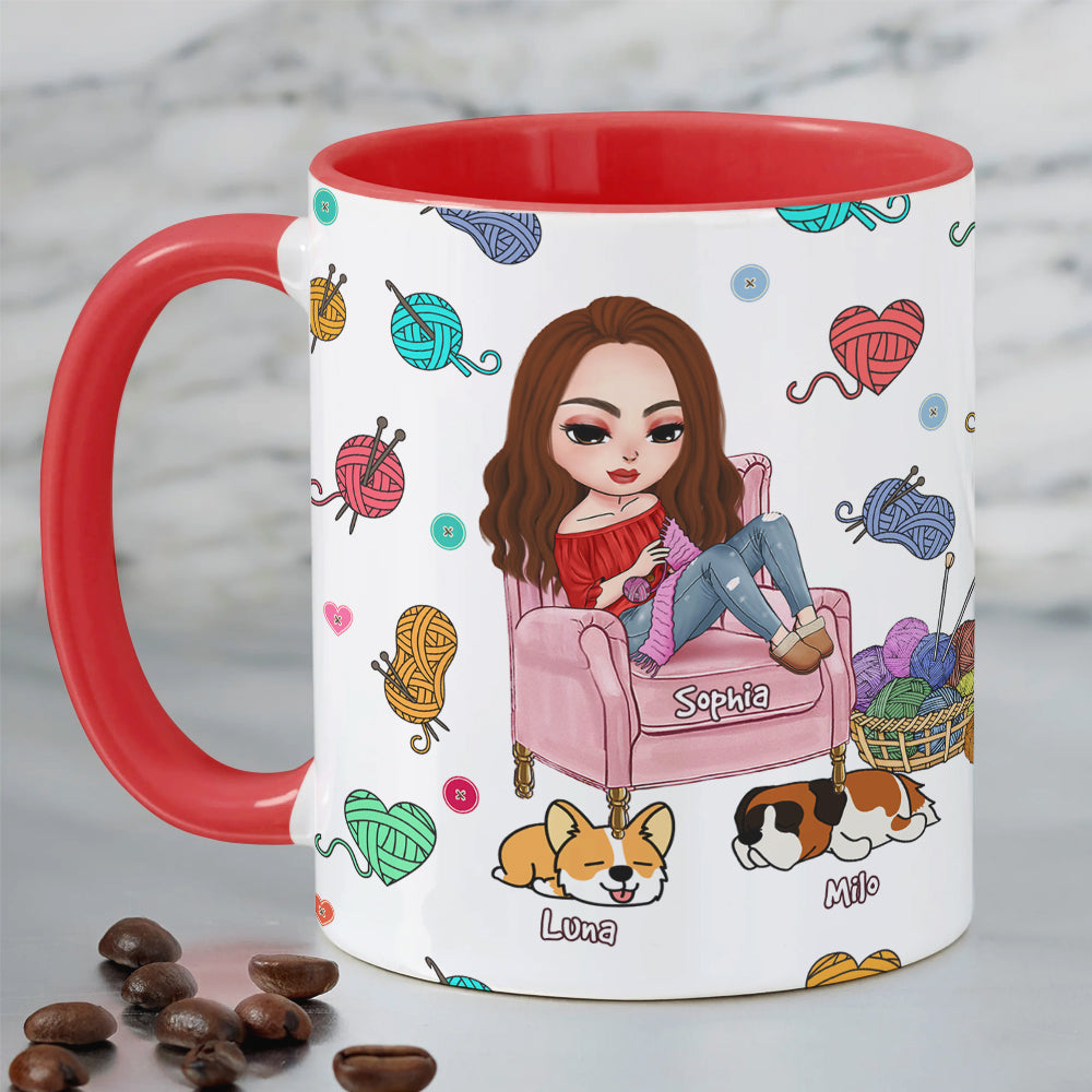 Personalized Knitting Lover Mug with Woman and Dogs Illustration