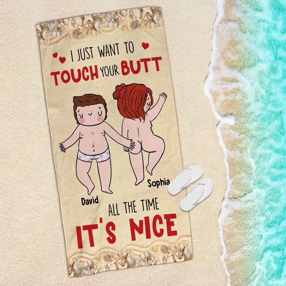Personalized Beach Towel for Couples - Fun Touch Your Butt Design Beach Towel PopCulturePrints