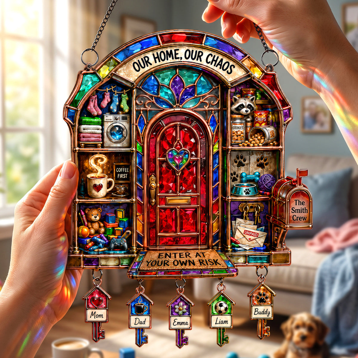 "Our Home, Our Chaos" - Custom Door Light Suncatcher Ornament - Personalized Gifts for Family & Friends