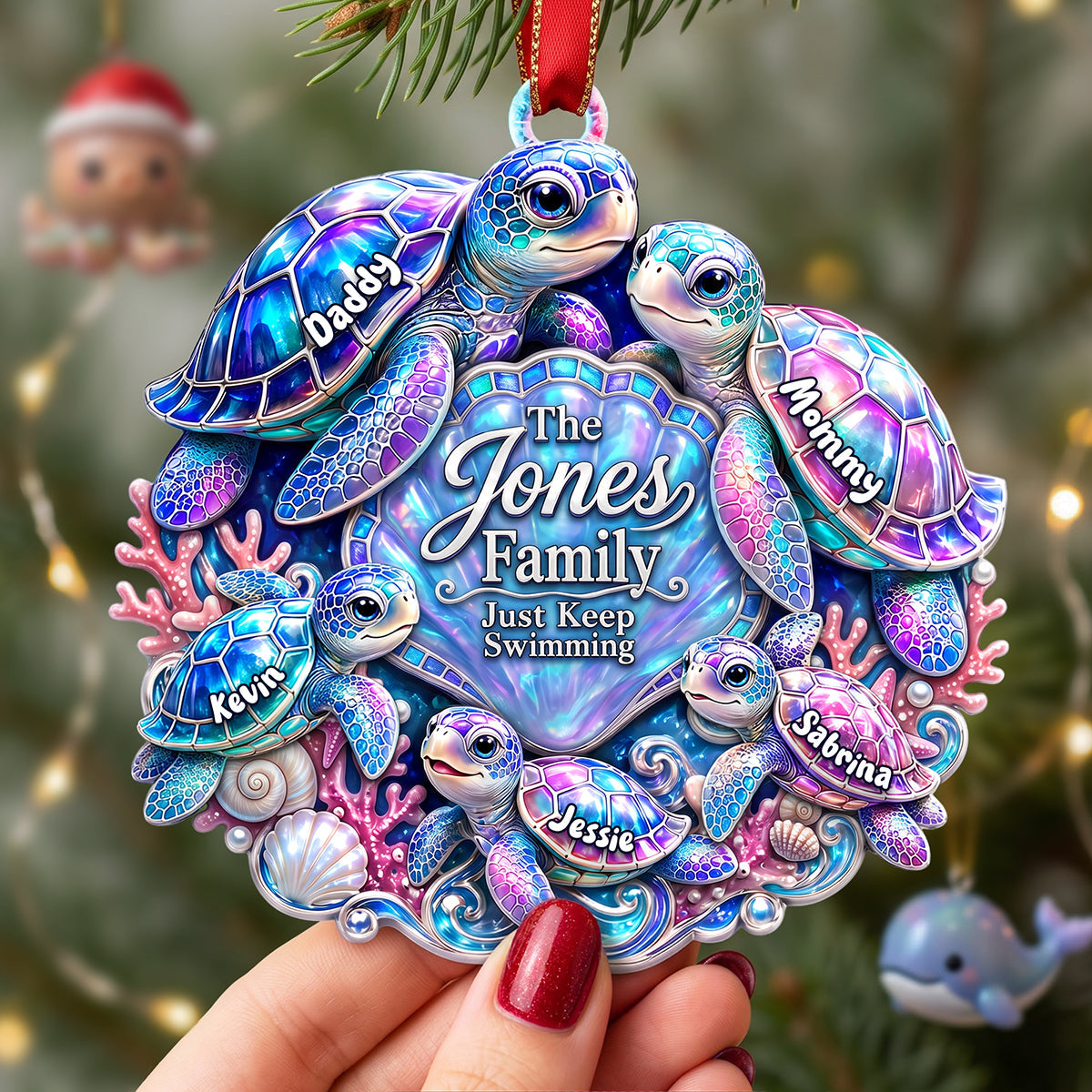 Just Keep Swimming - Personalized Turtle Family Ornament for Christmas