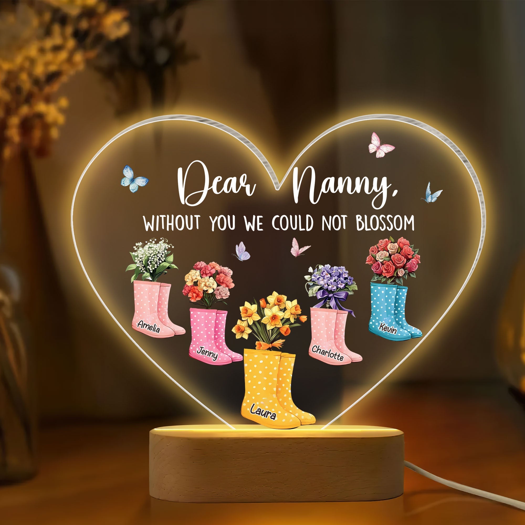 Dear Nanny, Without You We Could Not Blossom - Personalized LED Light Boot Flowers for Grandma Led Night Light PopCulturePrints