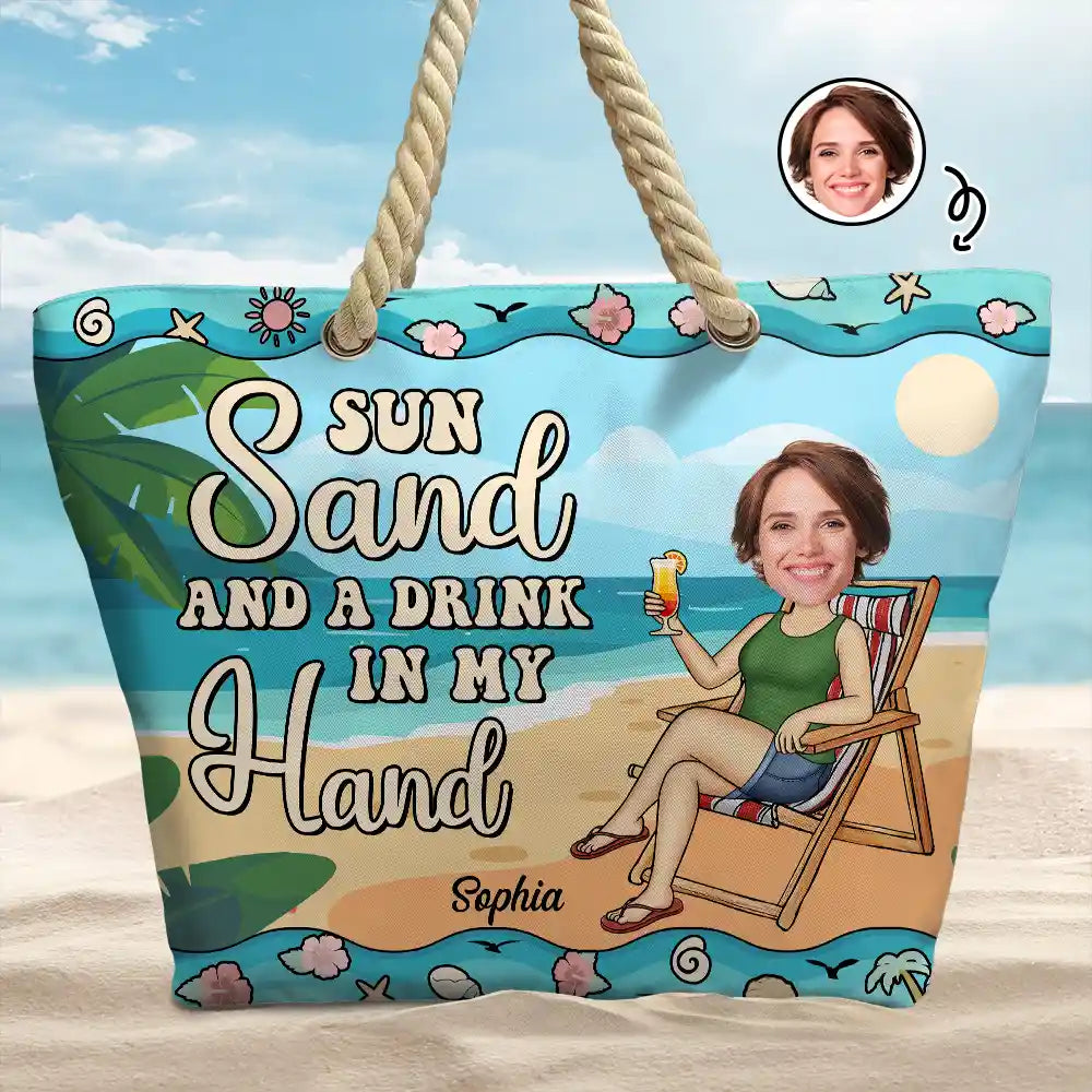 Sun, Sand, and a Drink in My Hand - Personalized Beach Bag Beach Bag PopCulturePrints