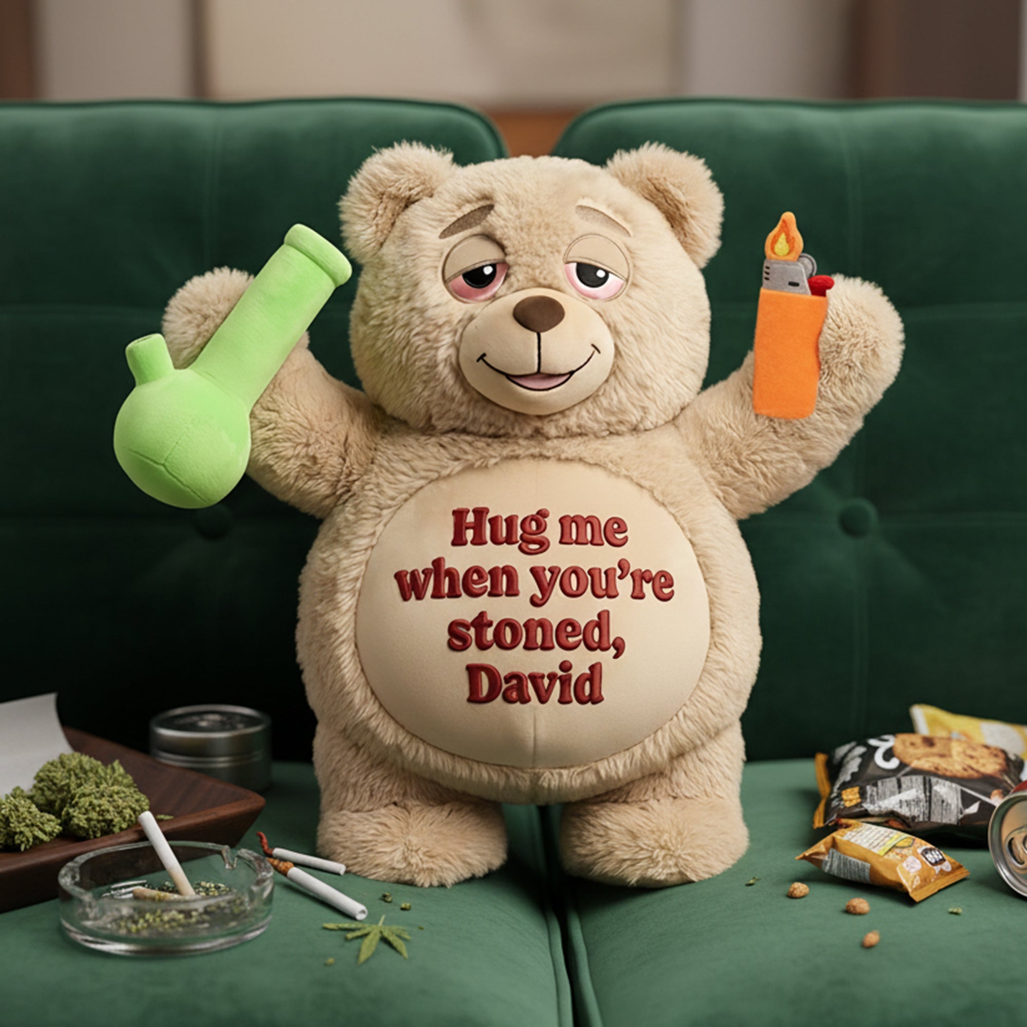 "Hug me when you're stoned, David" - Chill Vibes Teddy Bear Pillow - Personalized Gift for Stoners Pillow PopCulturePrints