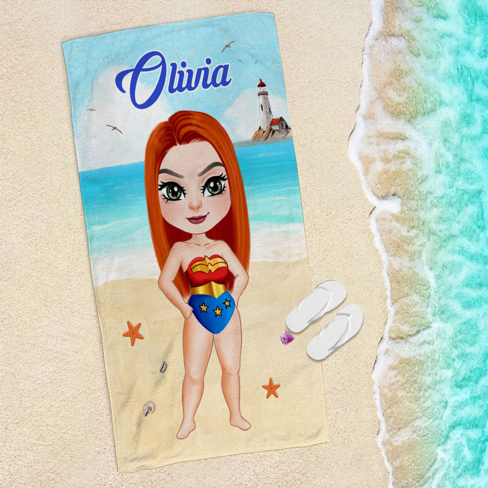 Personalized Summer Beach Girl Towel - Custom Cartoon Illustration Beach Towel PopCulturePrints