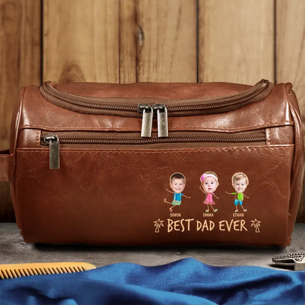 Custom Photo Outline: Best Dad Ever - Personalized Leather Toiletry Bag Leather Toiletry Bag PopCulturePrints