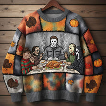Load image into Gallery viewer, &quot;Celebrate Horror with Thanksgiving Spirit&quot; - Personalized Slashers Ugly Sweater for Horror Lovers AOP Products PopCulturePrints
