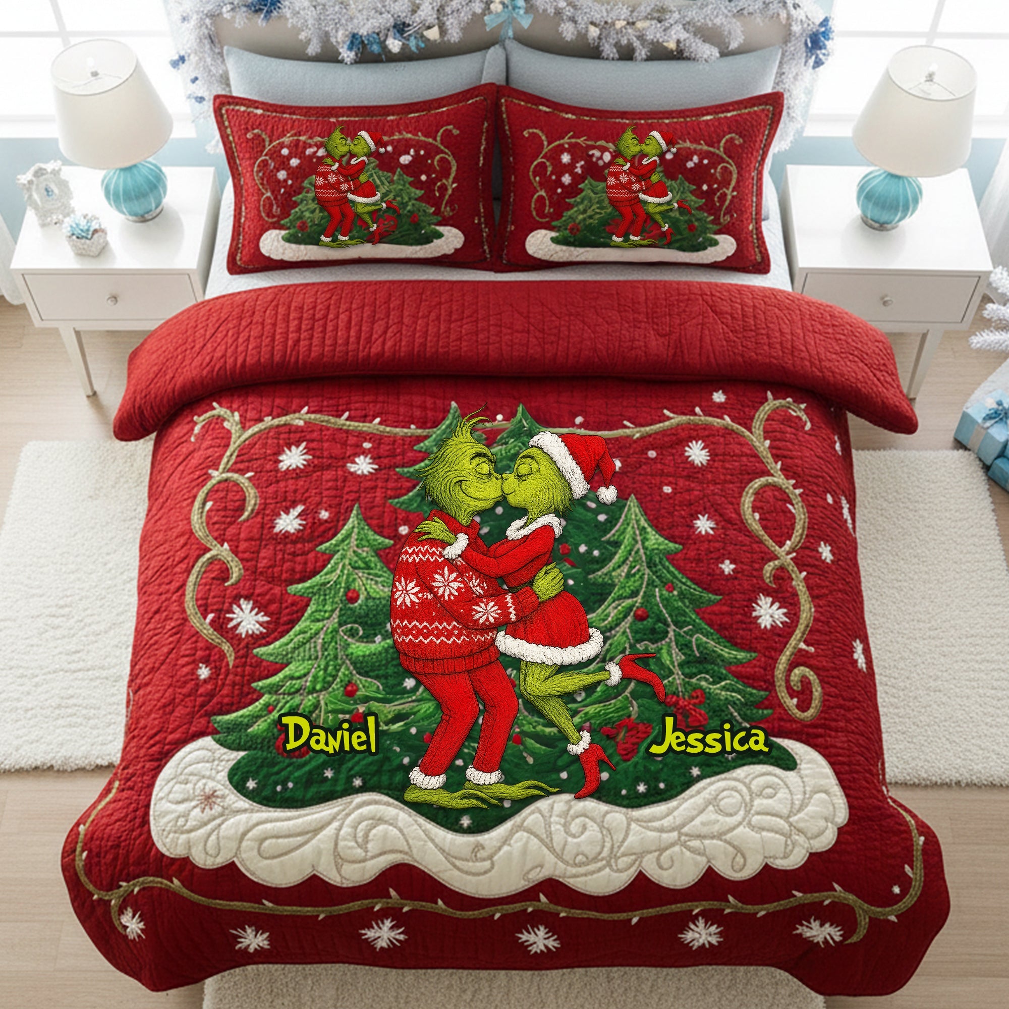 “Celebrate Love & Joy” - Festive Couple Kiss Quilt Set - Personalized Christmas Gift for Couples Bedding Set PopCulturePrints