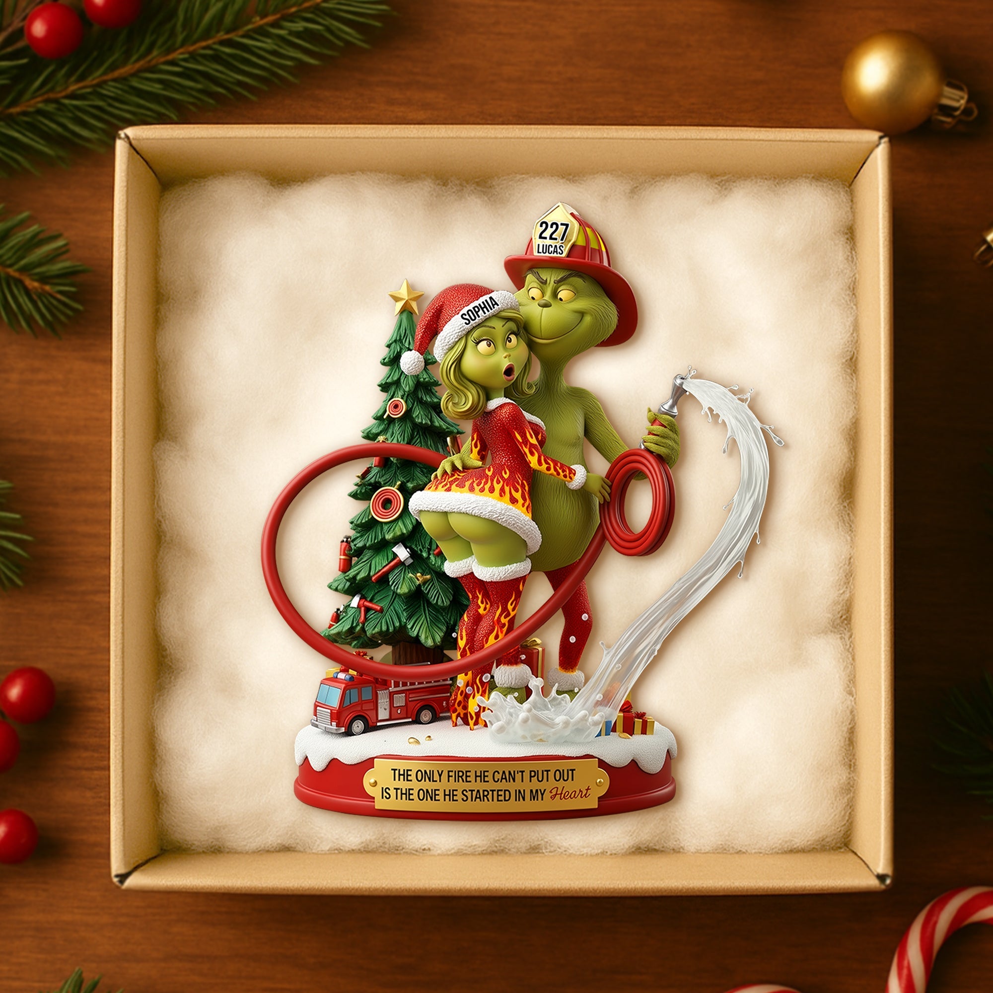 The Only Fire He Can't Put Out - Funny Firefighter Green Monster Personalized Christmas Ornament for Couples Ornament PopCulturePrints