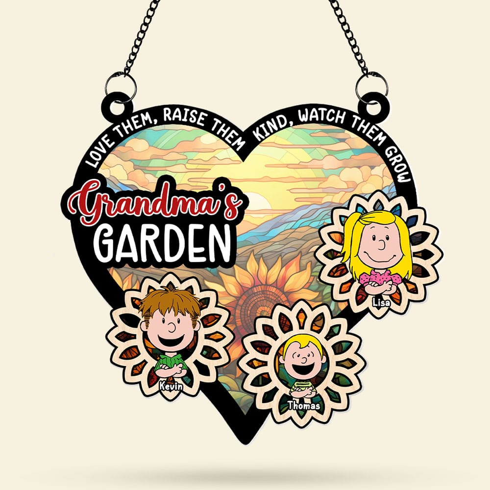 Personalized Grandma's Garden Sunflower Suncatcher - Custom Window Hanging Ornament