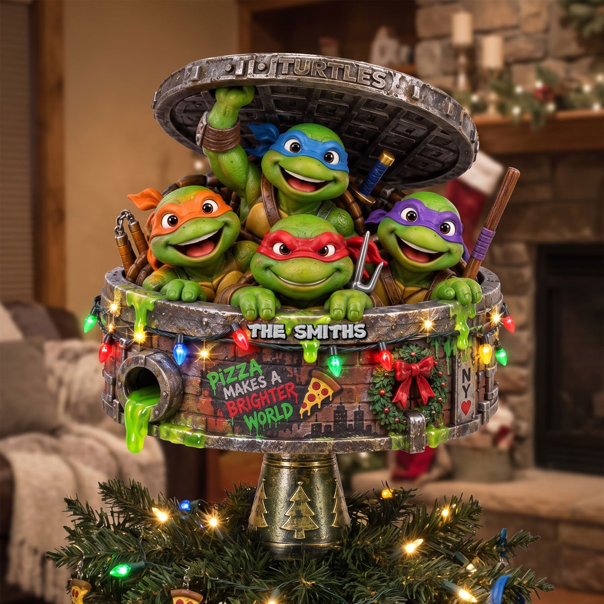 “Pizza Makes a Brighter World” - Family Turtle Holiday Tree Topper - Personalized Christmas Gifts