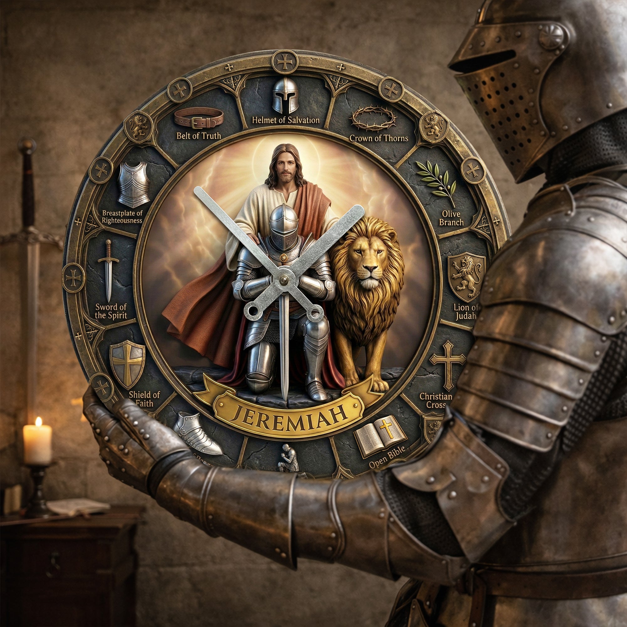 "Embrace Faith and Time" - Kneeling Knight Acrylic Wall Clock - Personalized Christian Gift for Loved Ones Hanging Wall Clock PopCulturePrints