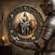 Load image into Gallery viewer, "Embrace Faith and Time" - Kneeling Knight Acrylic Wall Clock - Personalized Christian Gift for Loved Ones Hanging Wall Clock PopCulturePrints
