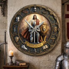 Load image into Gallery viewer, "Embrace Faith and Time" - Kneeling Knight Acrylic Wall Clock - Personalized Christian Gift for Loved Ones Hanging Wall Clock PopCulturePrints
