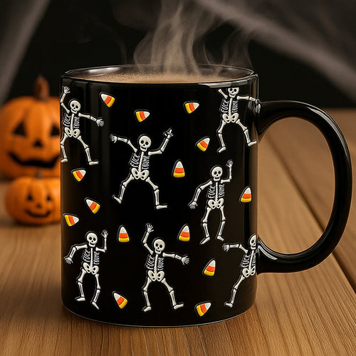 “Get Spooky with a Smile” - Slightly Subtle Halloween Skeleton Black Mug - Personalized Gift for Halloween Lovers Coffee Mug PopCulturePrints
